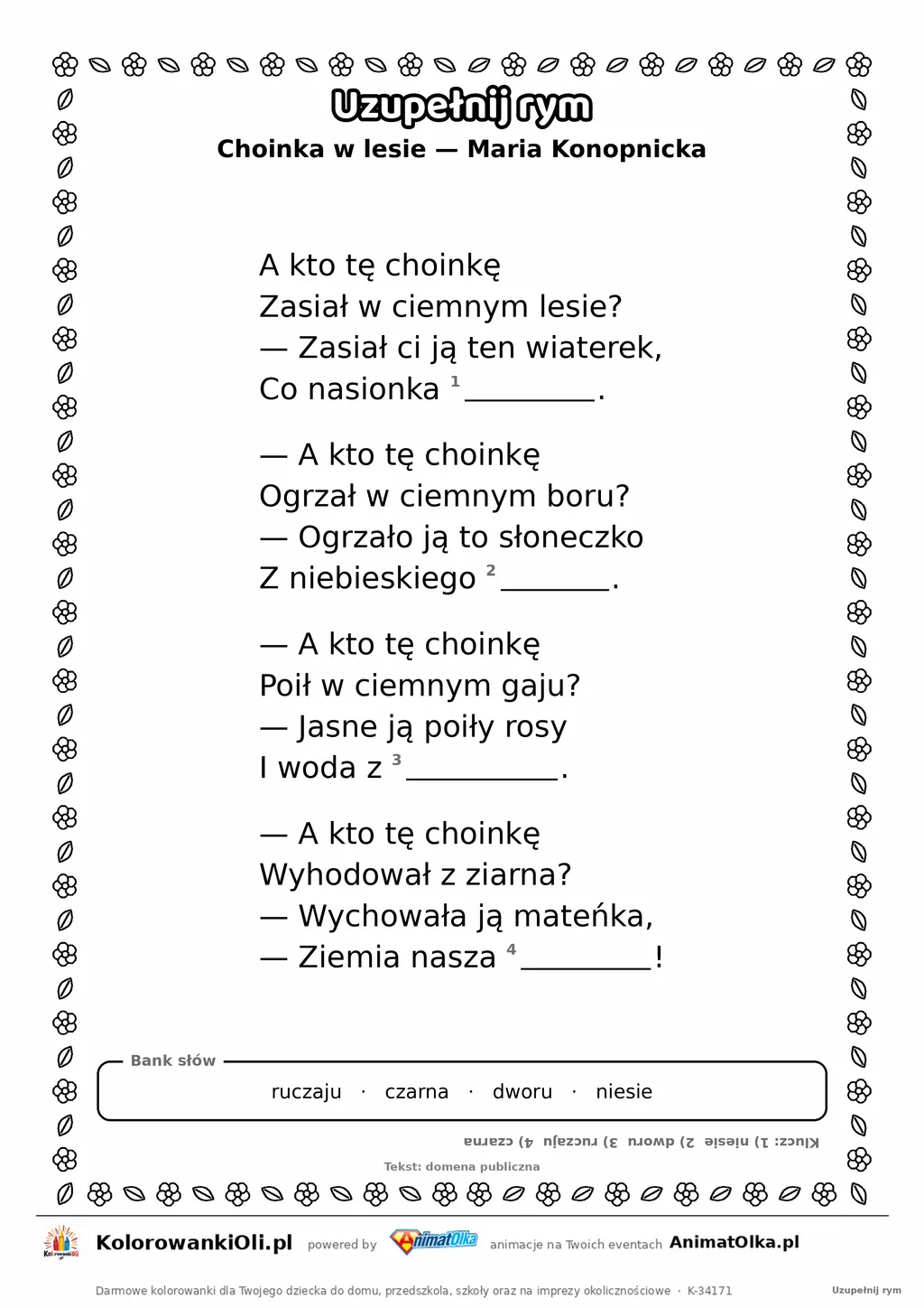 Uzupełnij rym — Choinka w lesie (Maria Konopnicka): karta pracy z lukami w rymach, A4