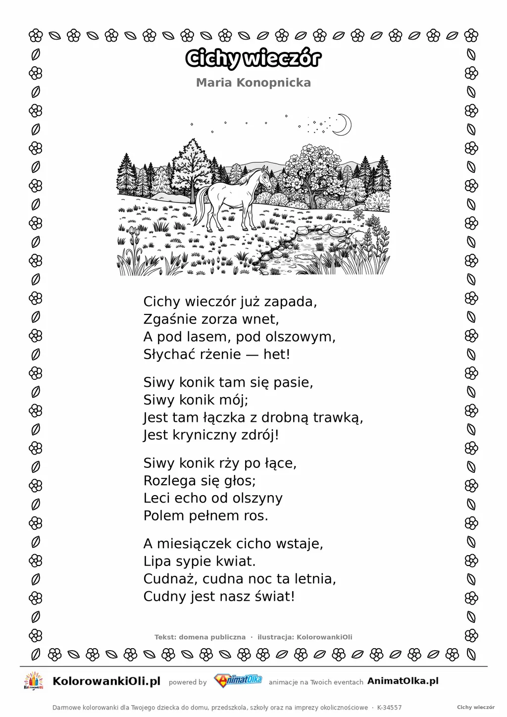 Cichy wieczór (Maria Konopnicka) — tekst wiersza i ilustracja do kolorowania, karta A4 do druku