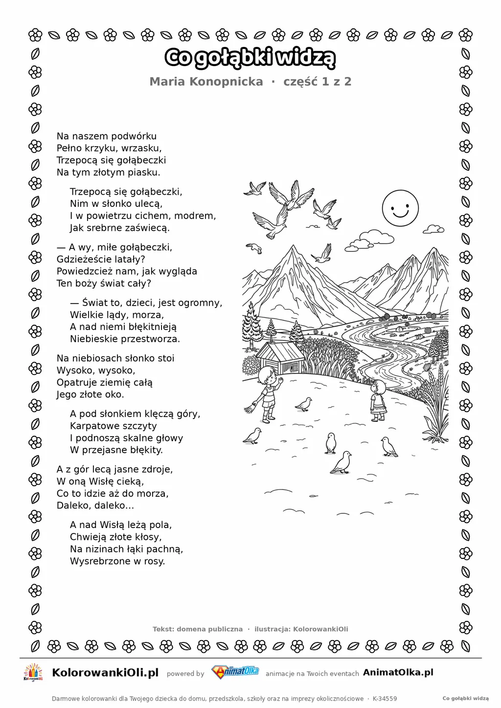 Co gołąbki widzą (Maria Konopnicka) — tekst wiersza i ilustracja do kolorowania (część 1 z 2), karta A4 do druku