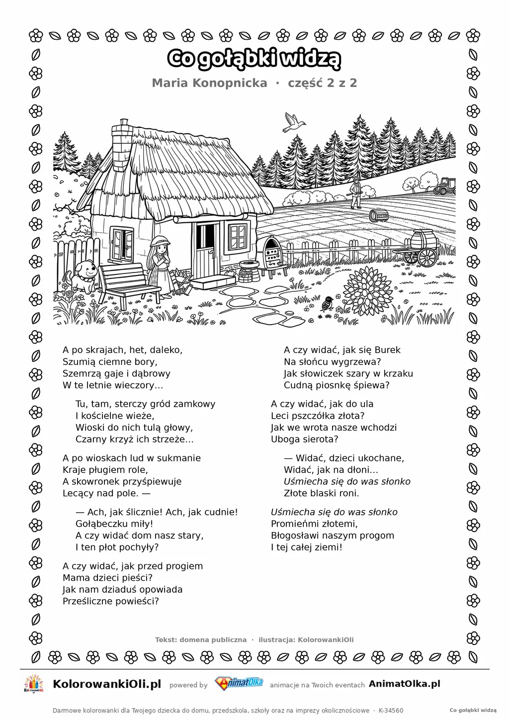 Co gołąbki widzą (Maria Konopnicka) — tekst wiersza i ilustracja do kolorowania (część 2 z 2), karta A4 do druku
