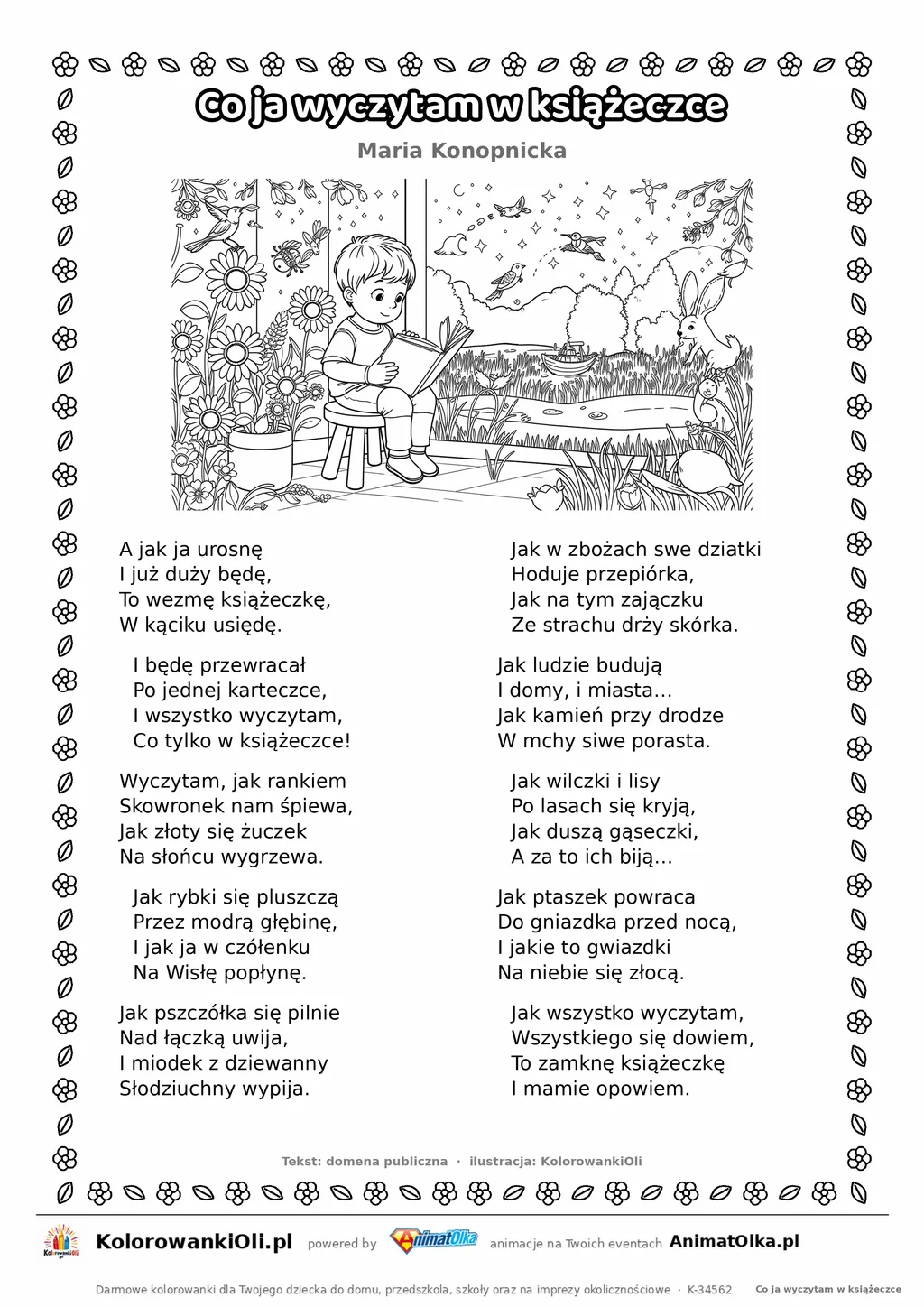 Co ja wyczytam w książeczce (Maria Konopnicka) — tekst wiersza i ilustracja do kolorowania, karta A4 do druku