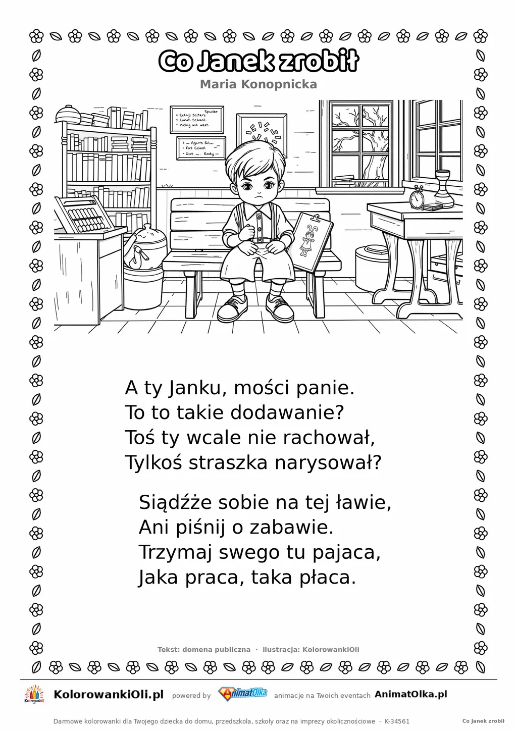 Co Janek zrobił (Maria Konopnicka) — tekst wiersza i ilustracja do kolorowania, karta A4 do druku