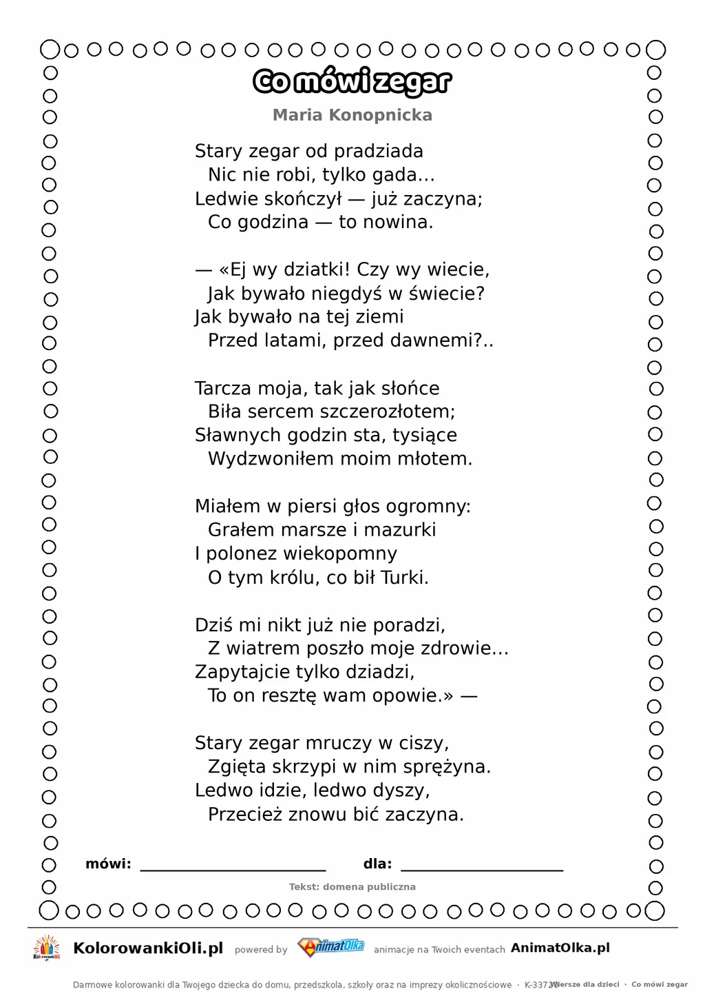 Co mówi zegar (Maria Konopnicka) — tekst wiersza dla dzieci do druku na A4 z ramką do pokolorowania