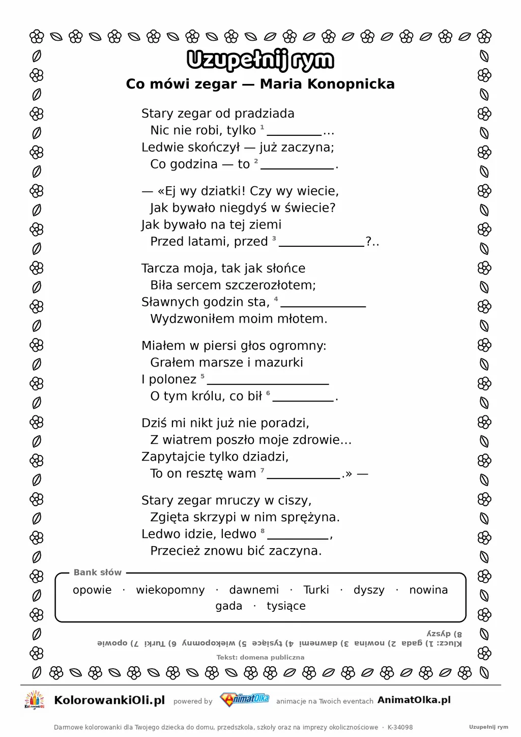 Uzupełnij rym — Co mówi zegar (Maria Konopnicka): karta pracy z lukami w rymach, A4