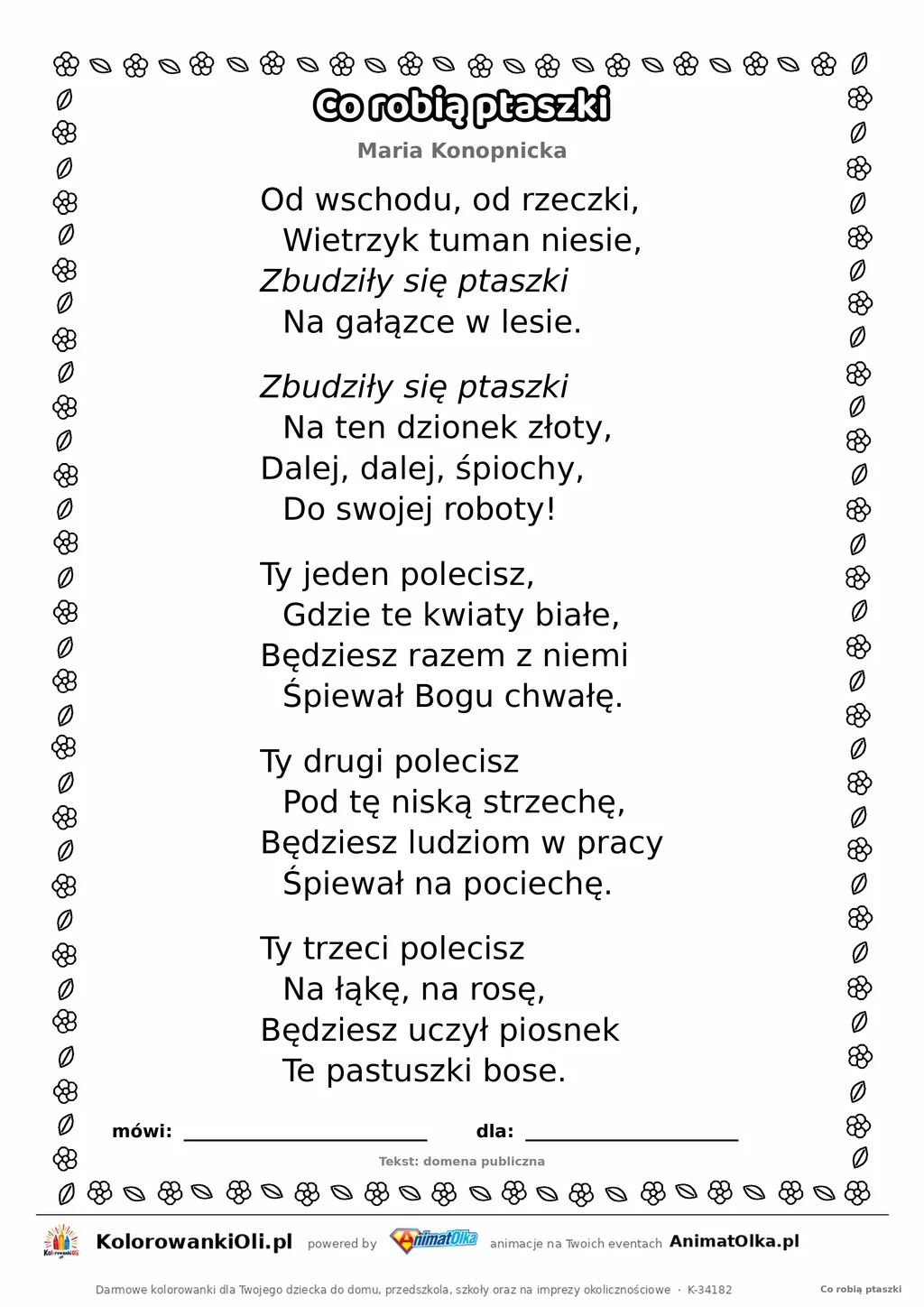 Co robią ptaszki (Maria Konopnicka) — tekst wiersza do druku A4 z ramką do pokolorowania