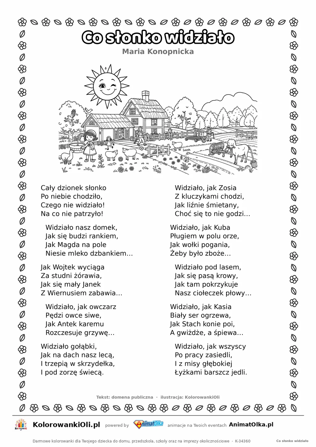 Co słonko widziało (Maria Konopnicka) — tekst wiersza i ilustracja do kolorowania, karta A4 do druku
