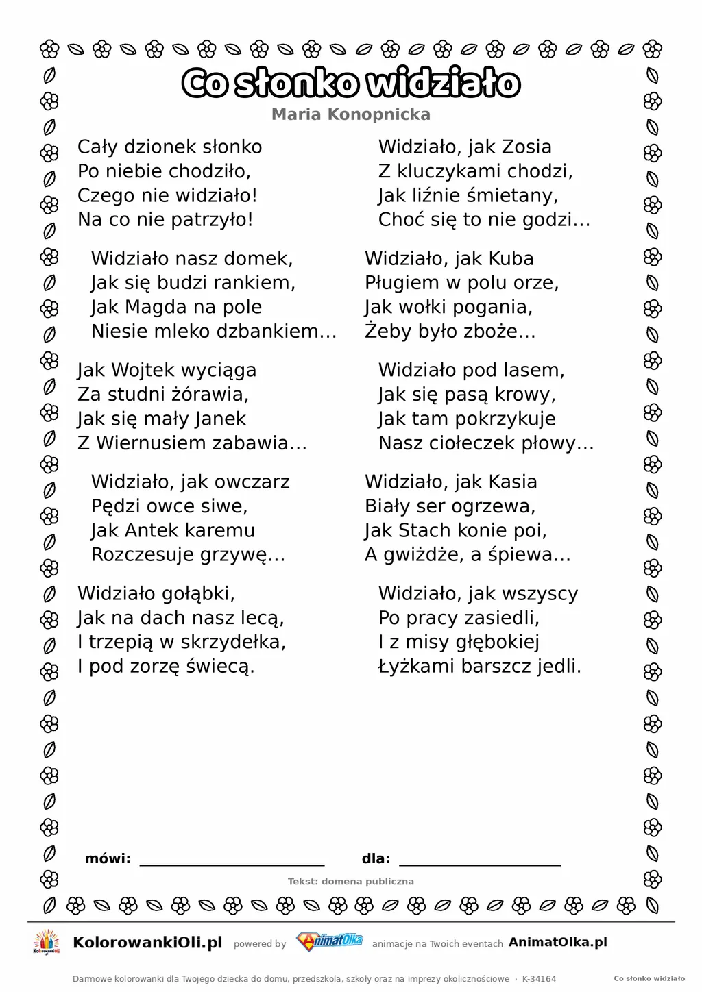 Co słonko widziało (Maria Konopnicka) — tekst wiersza do druku A4 z ramką do pokolorowania