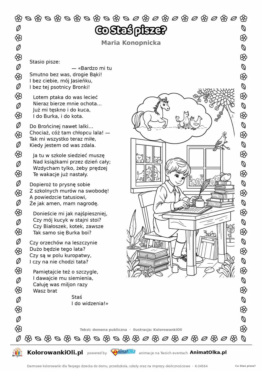 Co Staś pisze? (Maria Konopnicka) — tekst wiersza i ilustracja do kolorowania, karta A4 do druku