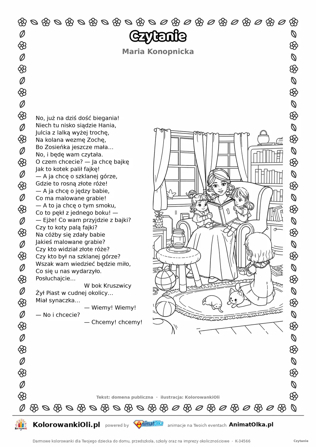 Czytanie (Maria Konopnicka) — tekst wiersza i ilustracja do kolorowania, karta A4 do druku