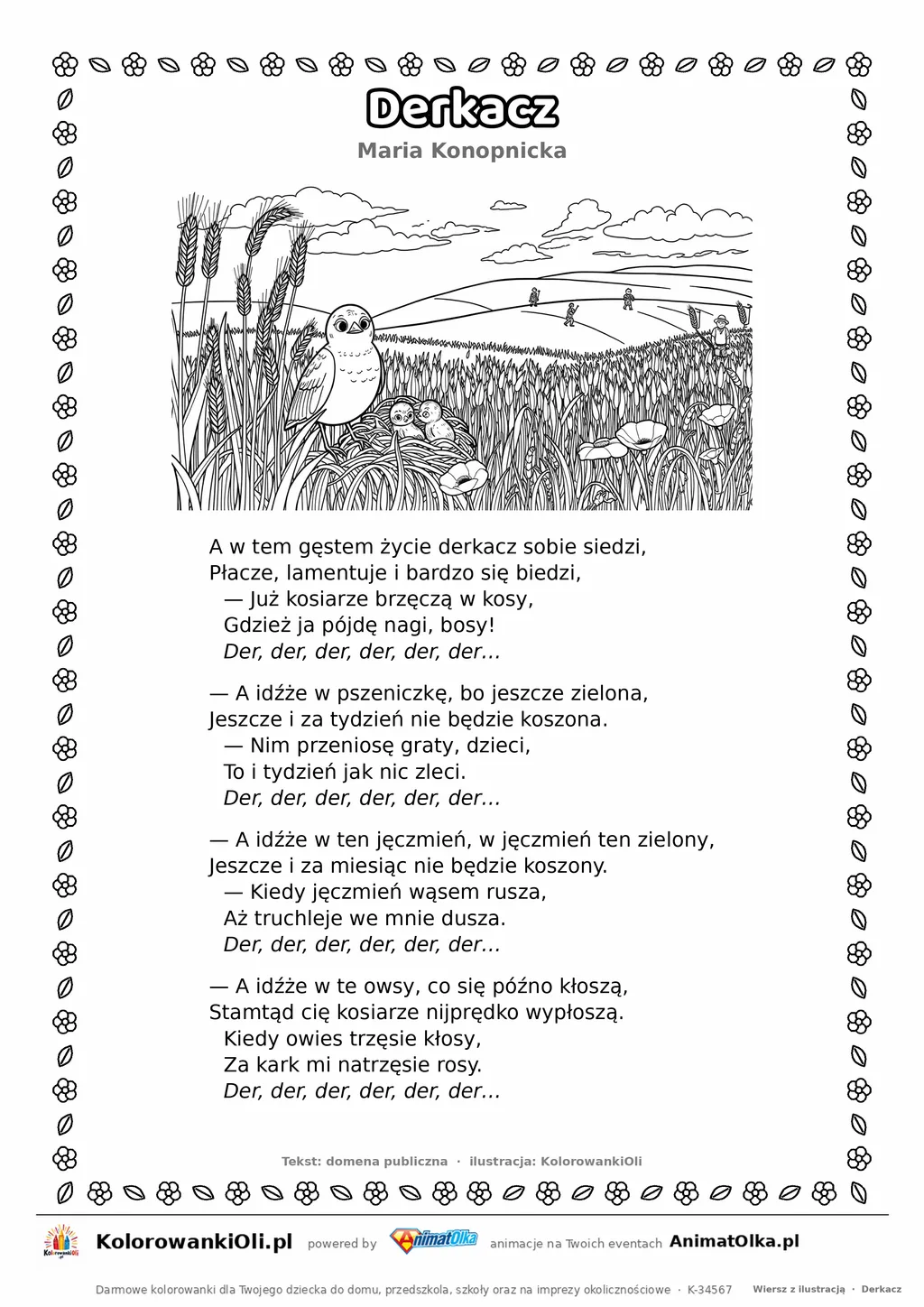 Derkacz (Maria Konopnicka) — tekst wiersza i ilustracja do kolorowania, karta A4 do druku