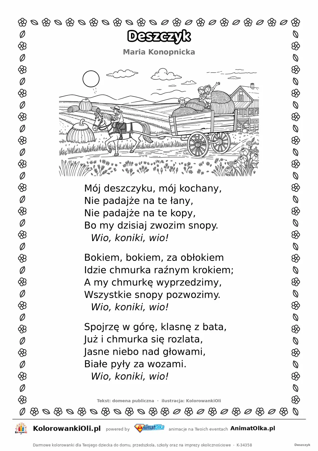Deszczyk (Maria Konopnicka) — tekst wiersza i ilustracja do kolorowania, karta A4 do druku