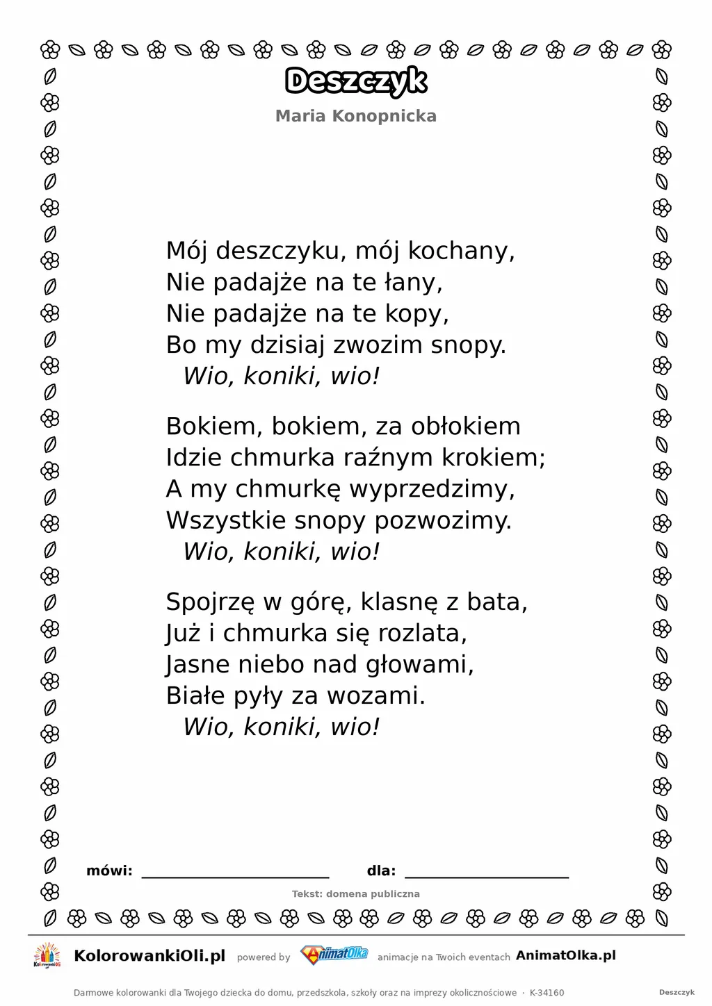 Deszczyk (Maria Konopnicka) — tekst wiersza do druku A4 z ramką do pokolorowania
