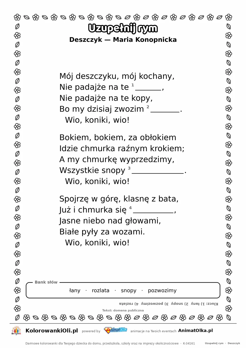 Uzupełnij rym — Deszczyk (Maria Konopnicka): karta pracy z lukami w rymach, A4