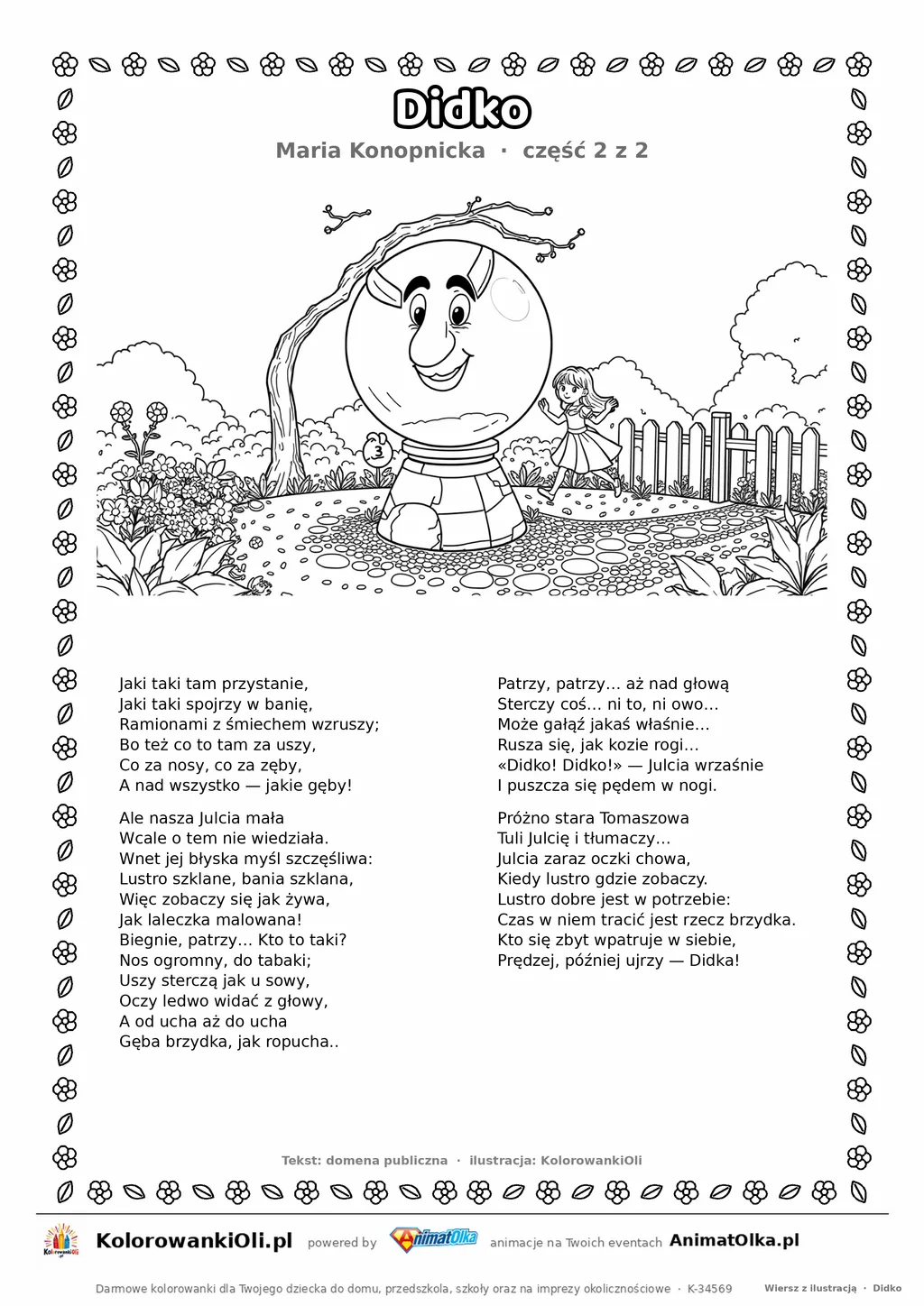 Didko (Maria Konopnicka) — tekst wiersza i ilustracja do kolorowania (część 2 z 2), karta A4 do druku