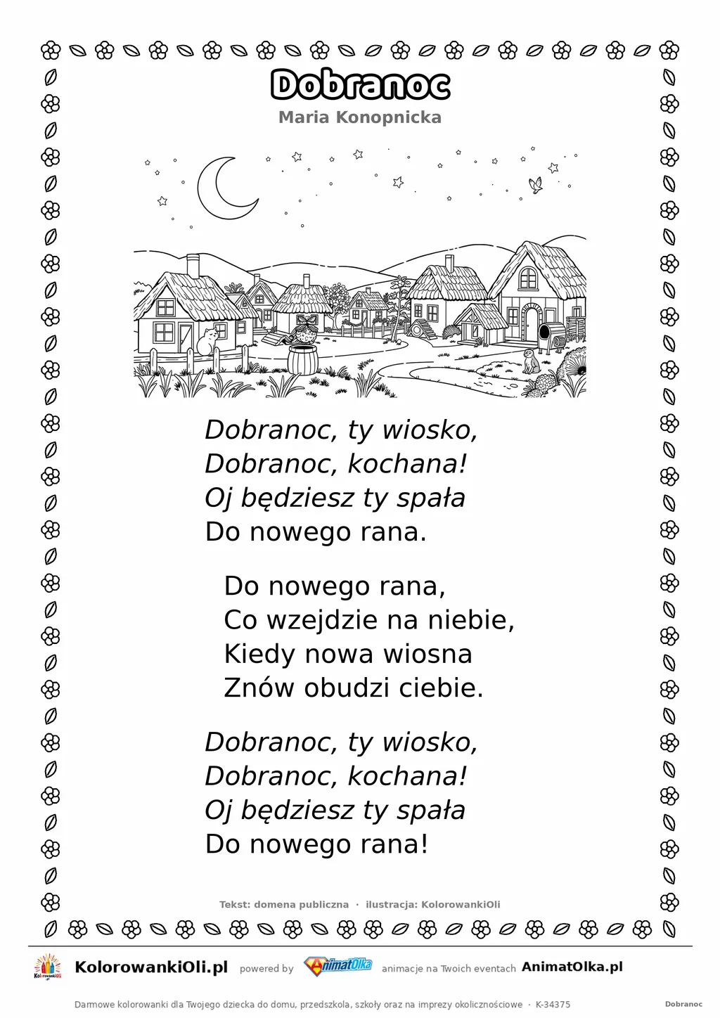 Dobranoc (Maria Konopnicka) — tekst wiersza i ilustracja do kolorowania, karta A4 do druku
