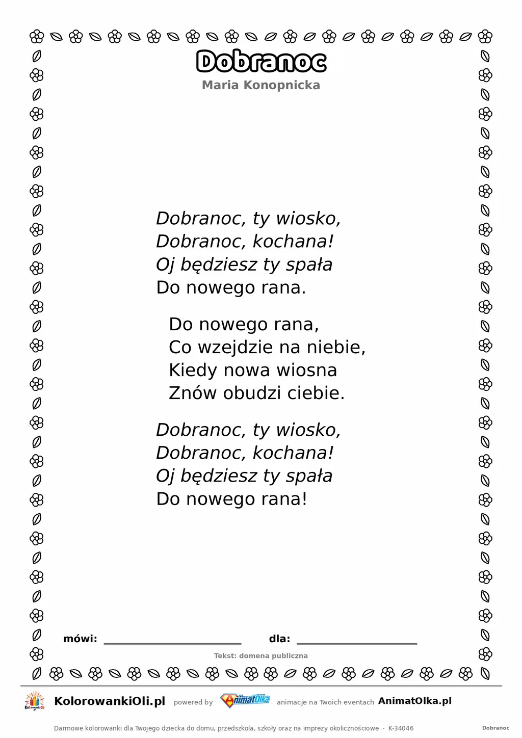 Dobranoc (Maria Konopnicka) — tekst wiersza do druku A4 z ramką do pokolorowania