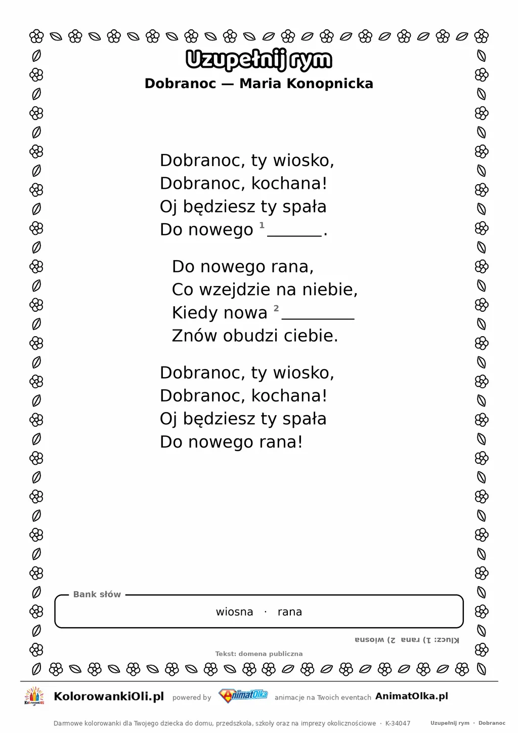 Uzupełnij rym — Dobranoc (Maria Konopnicka): karta pracy z lukami w rymach, A4