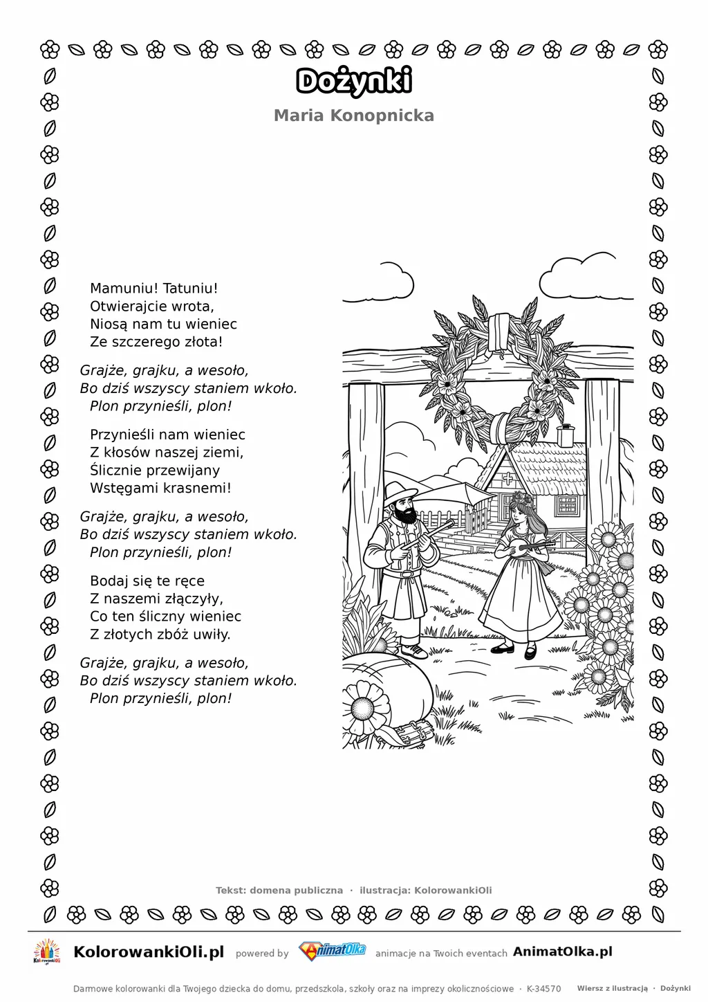 Dożynki (Maria Konopnicka) — tekst wiersza i ilustracja do kolorowania, karta A4 do druku