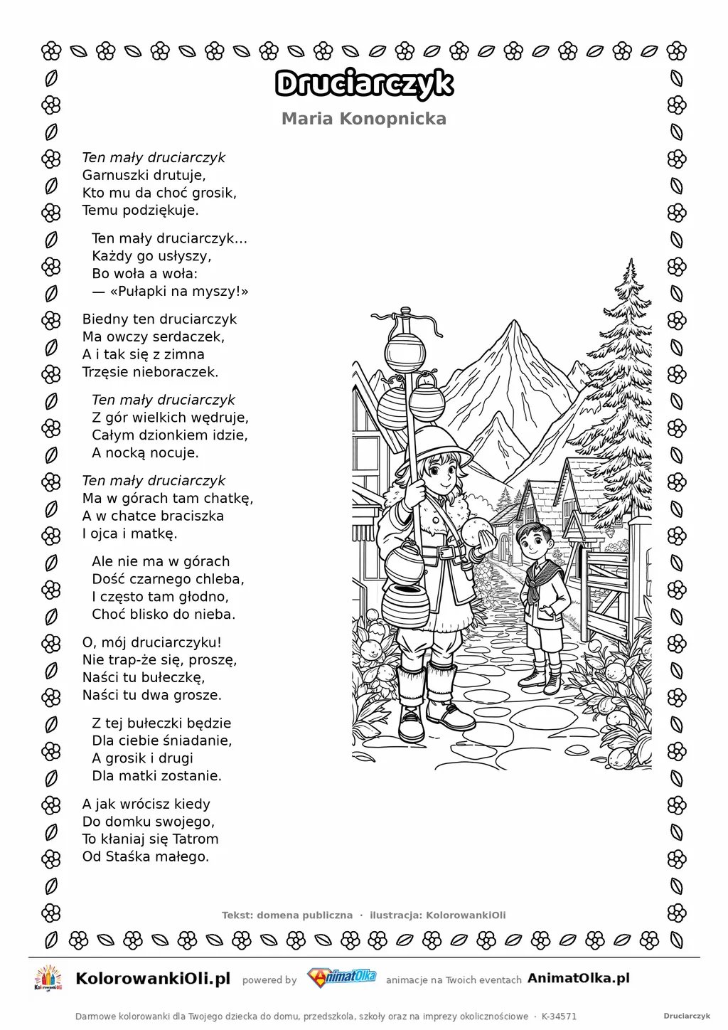 Druciarczyk (Maria Konopnicka) — tekst wiersza i ilustracja do kolorowania, karta A4 do druku
