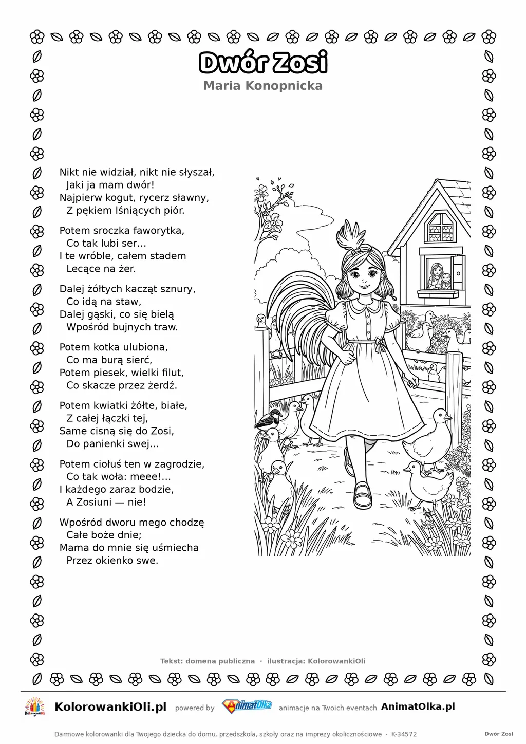 Dwór Zosi (Maria Konopnicka) — tekst wiersza i ilustracja do kolorowania, karta A4 do druku