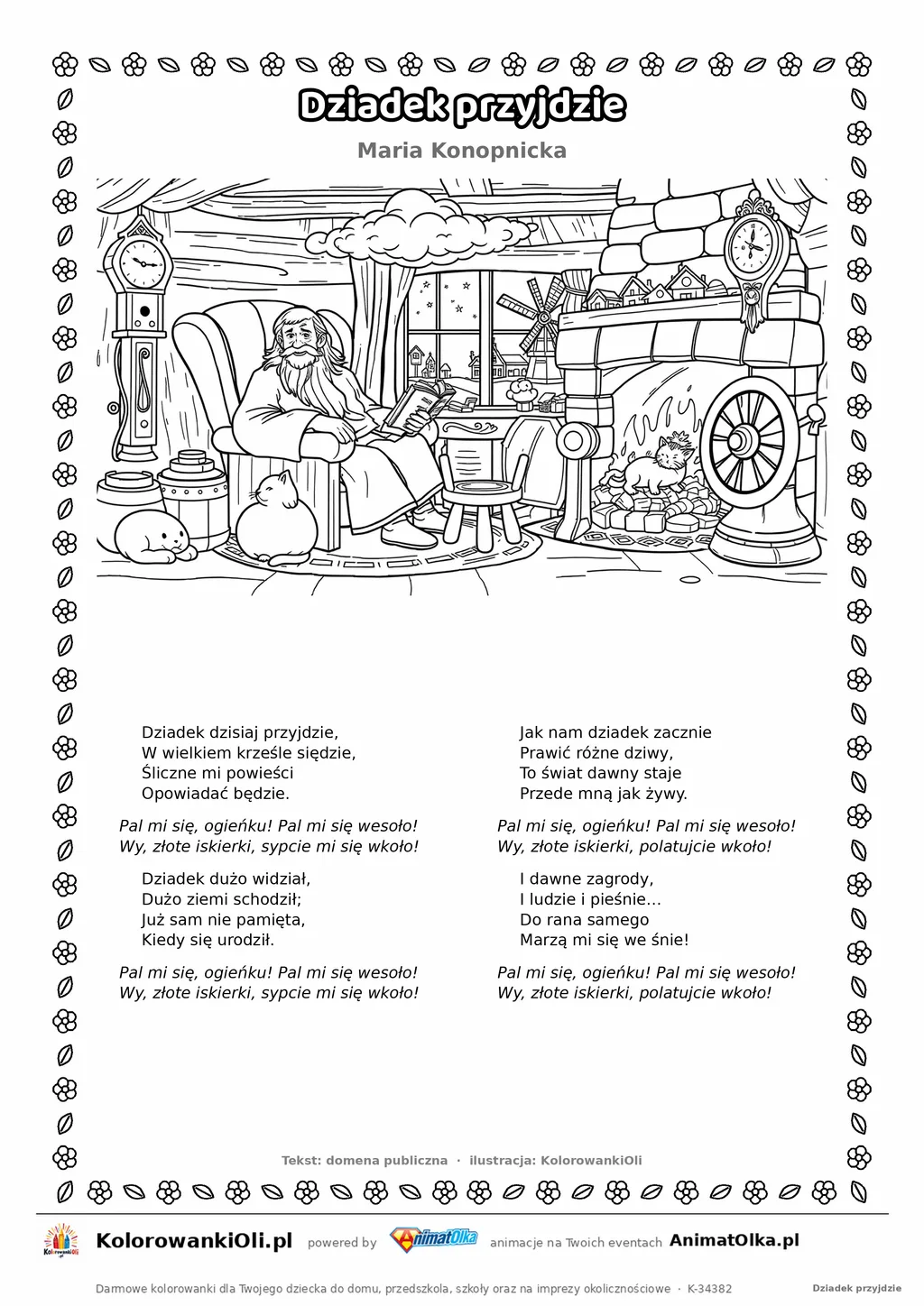 Dziadek przyjdzie (Maria Konopnicka) — tekst wiersza i ilustracja do kolorowania, karta A4 do druku