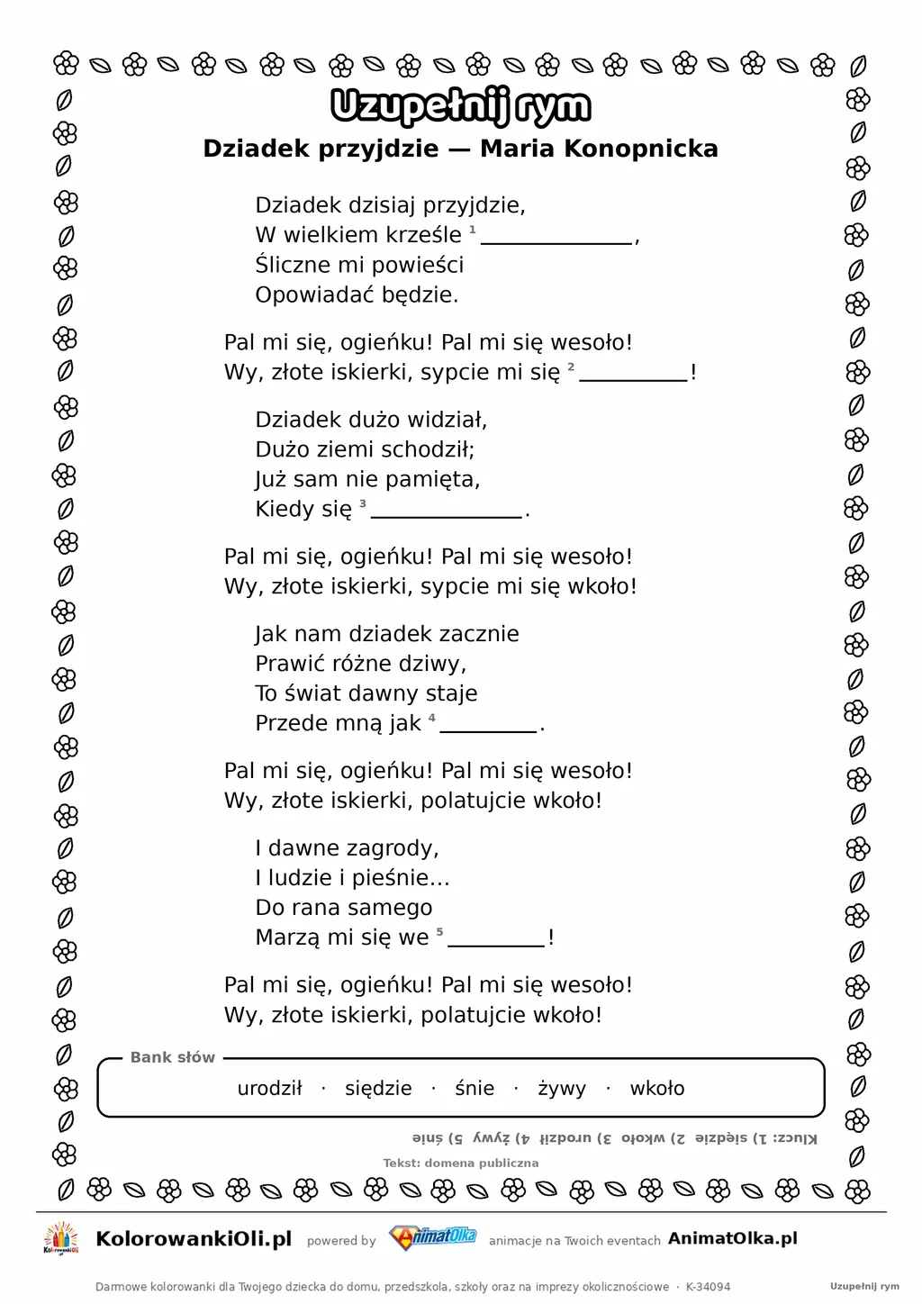 Uzupełnij rym — Dziadek przyjdzie (Maria Konopnicka): karta pracy z lukami w rymach, A4