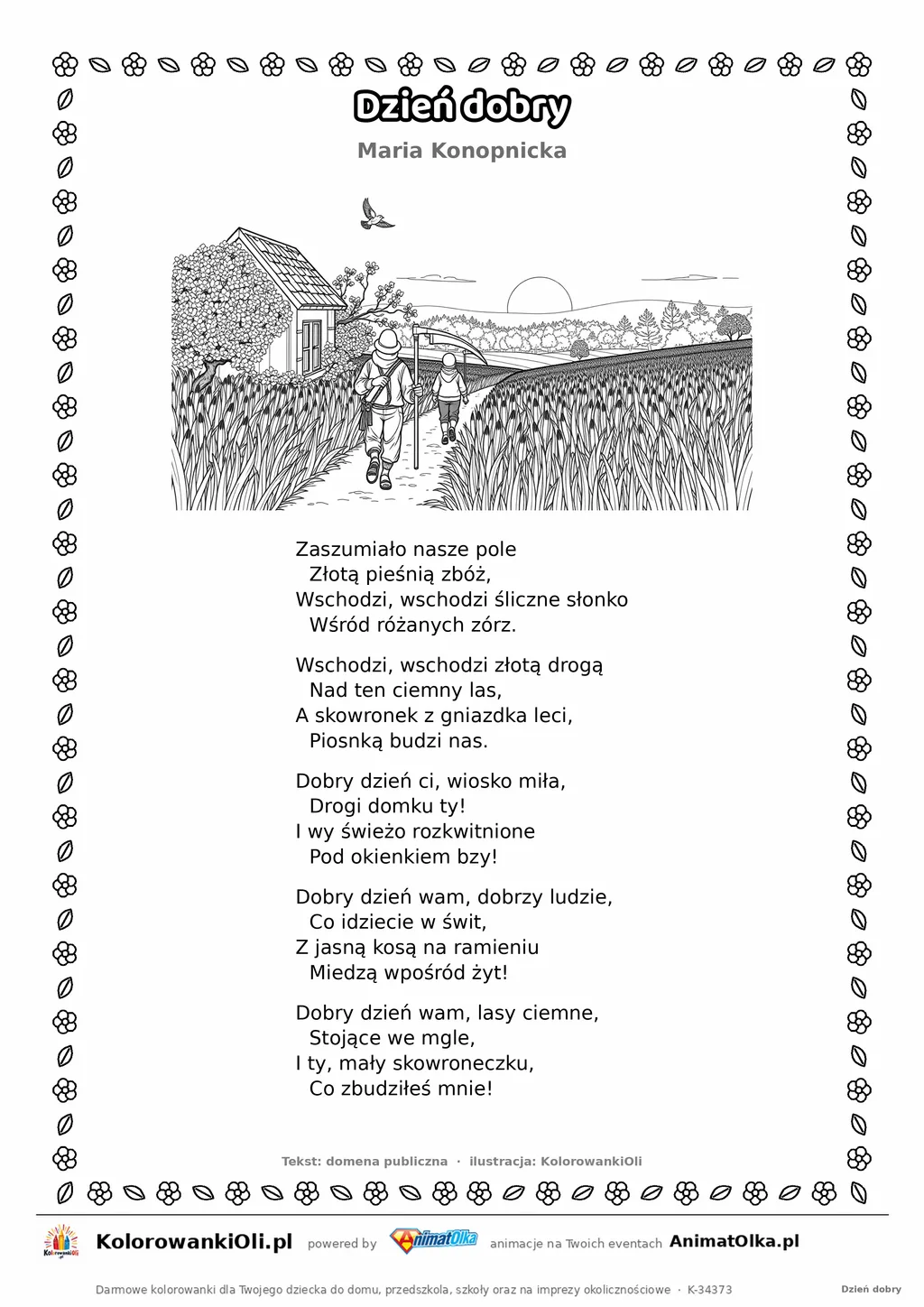 Dzień dobry (Maria Konopnicka) — tekst wiersza i ilustracja do kolorowania, karta A4 do druku