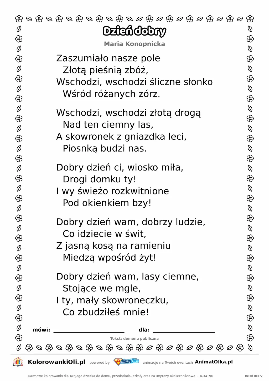 Dzień dobry (Maria Konopnicka) — tekst wiersza do druku A4 z ramką do pokolorowania