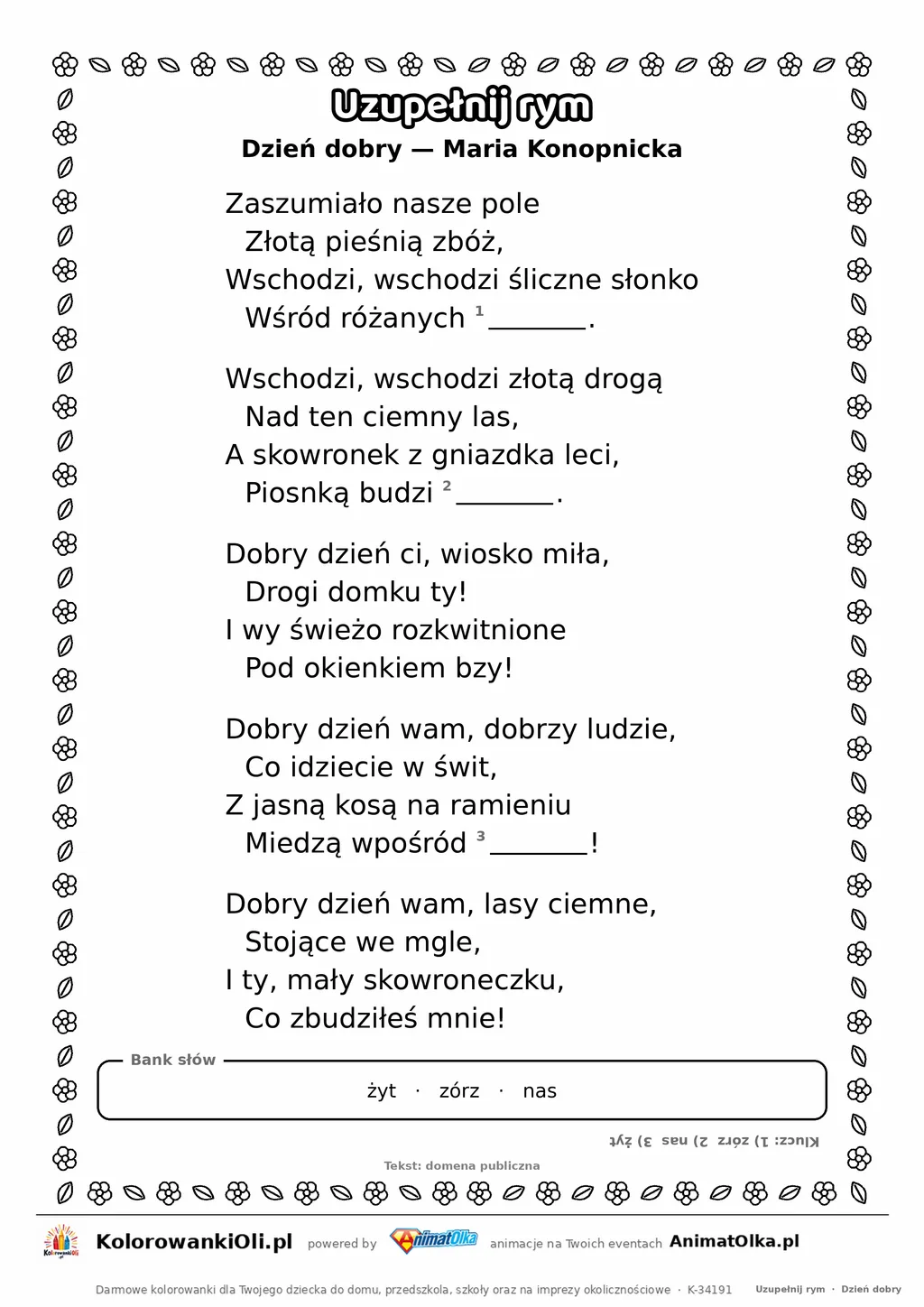 Uzupełnij rym — Dzień dobry (Maria Konopnicka): karta pracy z lukami w rymach, A4