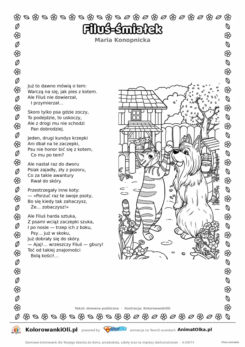 Filuś-śmiałek (Maria Konopnicka) — tekst wiersza i ilustracja do kolorowania, karta A4 do druku