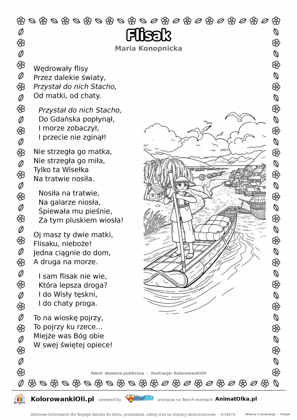 Flisak (Maria Konopnicka) — tekst wiersza i ilustracja do kolorowania, karta A4 do druku