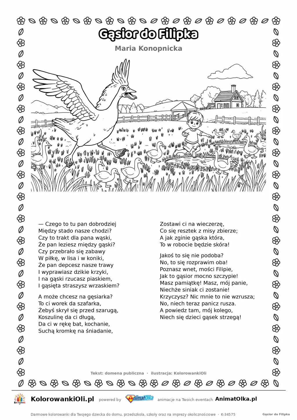 Gąsior do Filipka (Maria Konopnicka) — tekst wiersza i ilustracja do kolorowania, karta A4 do druku