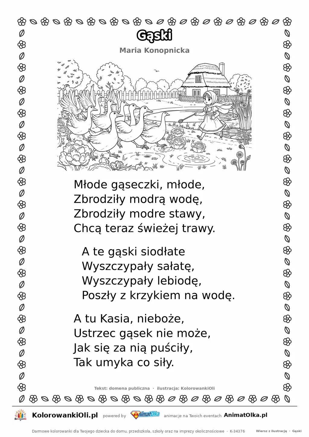 Gąski (Maria Konopnicka) — tekst wiersza i ilustracja do kolorowania, karta A4 do druku