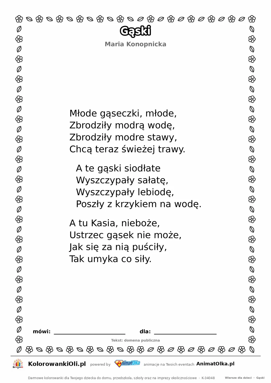 Gąski (Maria Konopnicka) — tekst wiersza do druku A4 z ramką do pokolorowania