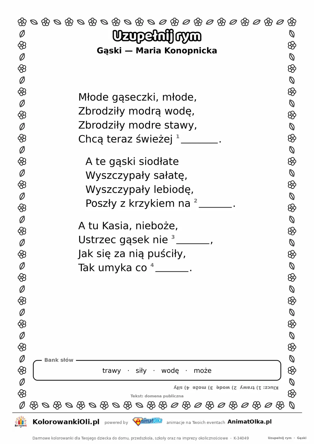 Uzupełnij rym — Gąski (Maria Konopnicka): karta pracy z lukami w rymach, A4