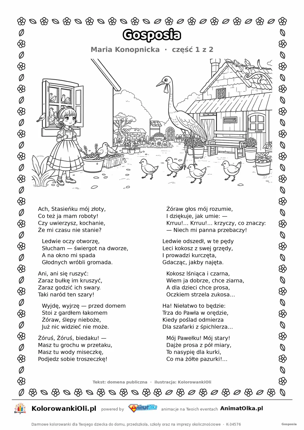 Gosposia (Maria Konopnicka) — tekst wiersza i ilustracja do kolorowania (część 1 z 2), karta A4 do druku