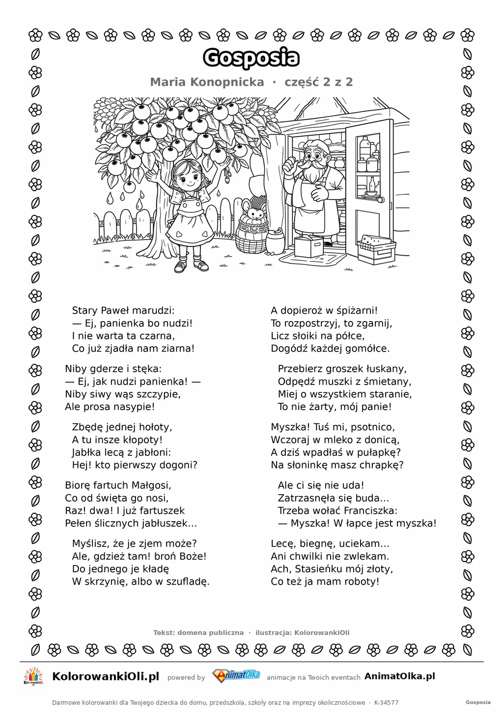 Gosposia (Maria Konopnicka) — tekst wiersza i ilustracja do kolorowania (część 2 z 2), karta A4 do druku