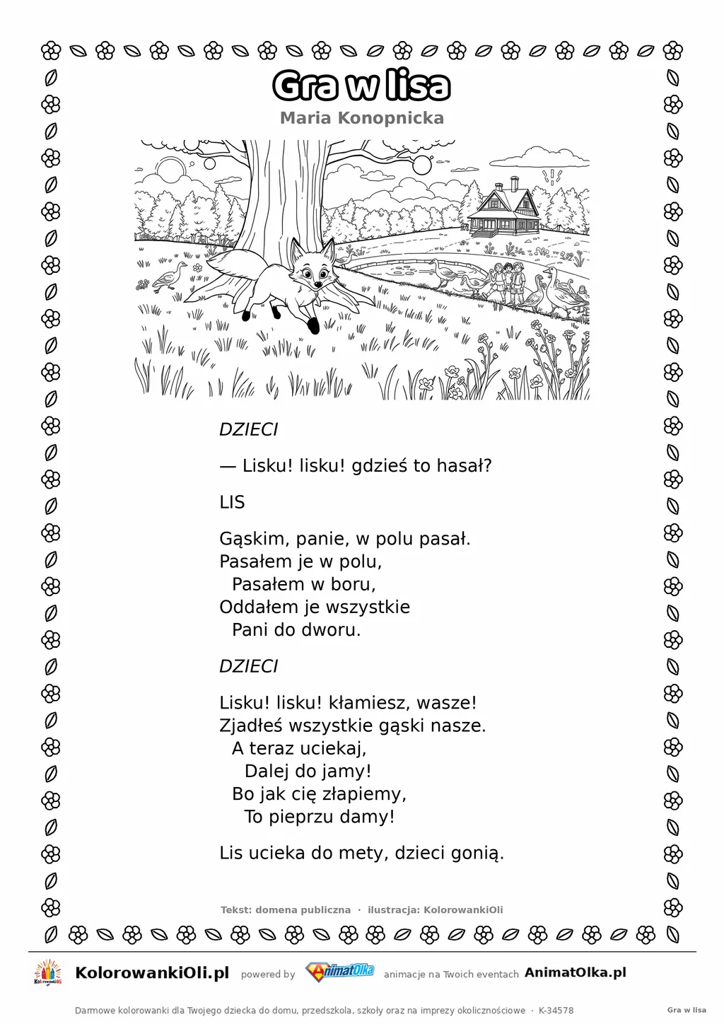 Gra w lisa (Maria Konopnicka) — tekst wiersza i ilustracja do kolorowania, karta A4 do druku