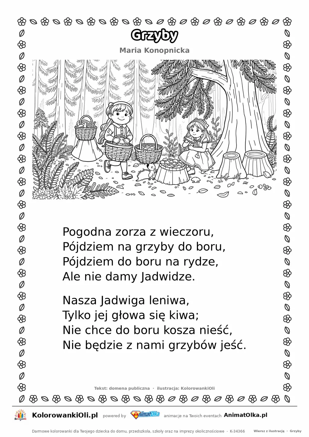 Grzyby (Maria Konopnicka) — tekst wiersza i ilustracja do kolorowania, karta A4 do druku