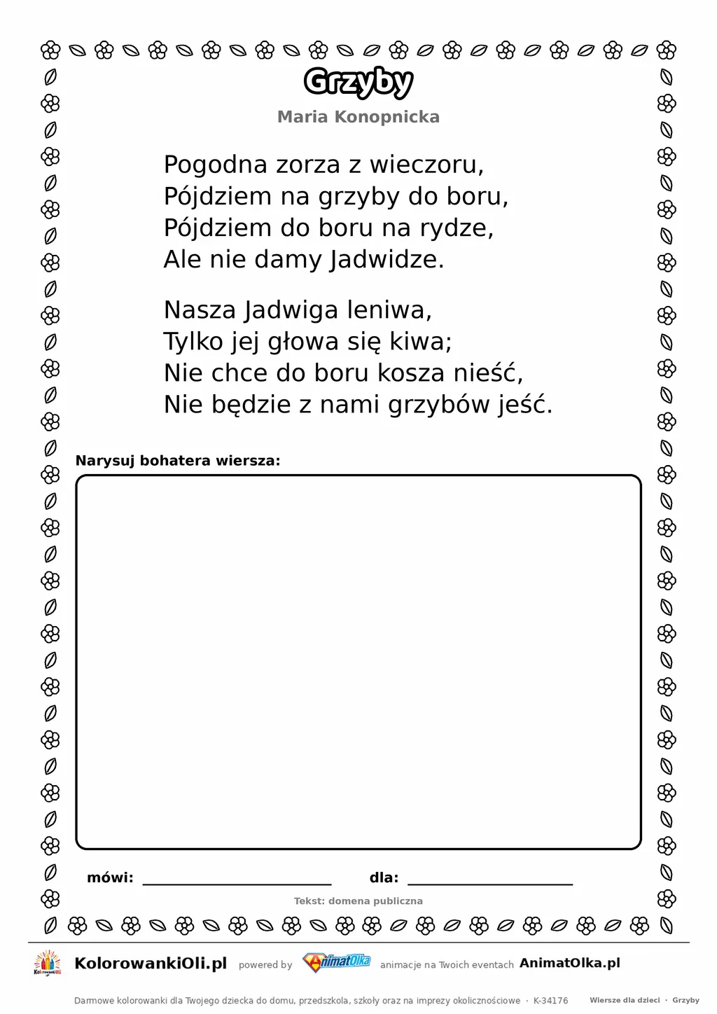 Grzyby (Maria Konopnicka) — tekst wiersza do druku A4 z ramką do pokolorowania