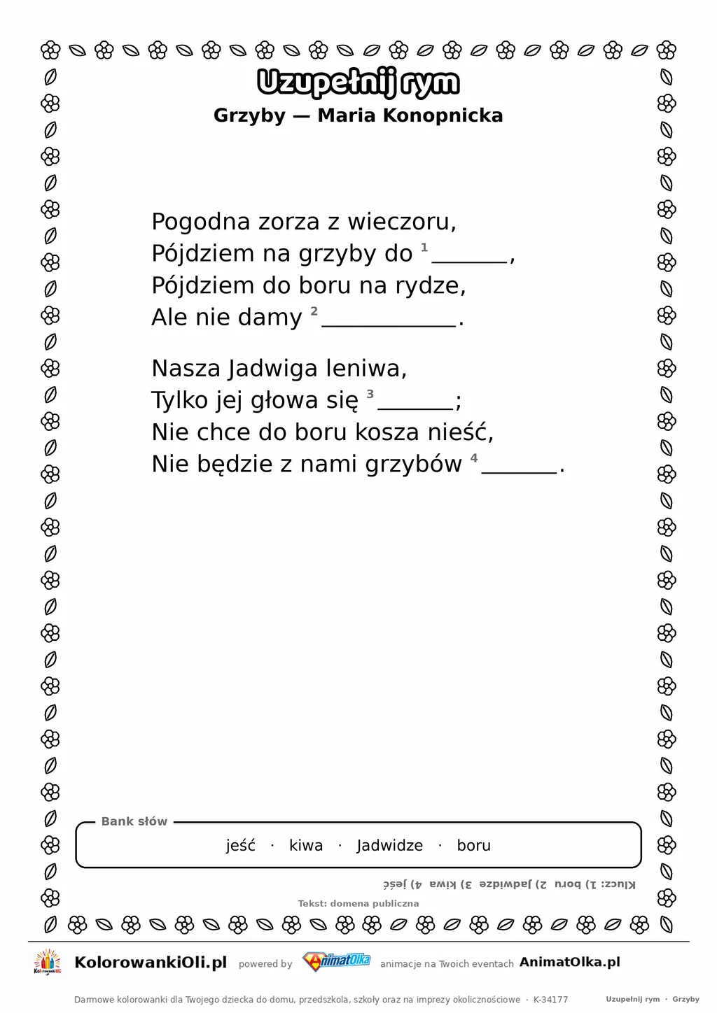 Uzupełnij rym — Grzyby (Maria Konopnicka): karta pracy z lukami w rymach, A4