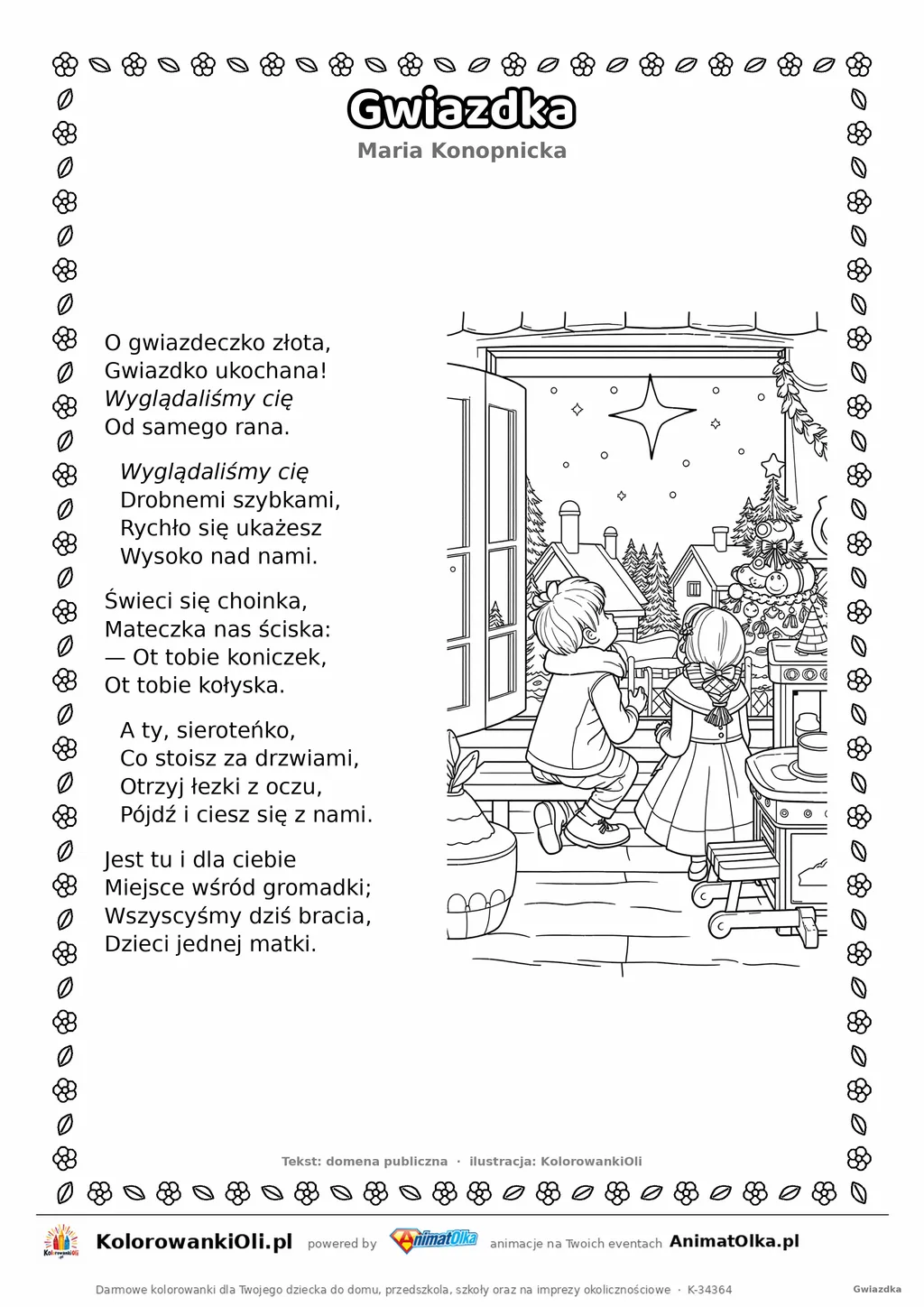 Gwiazdka (Maria Konopnicka) — tekst wiersza i ilustracja do kolorowania, karta A4 do druku