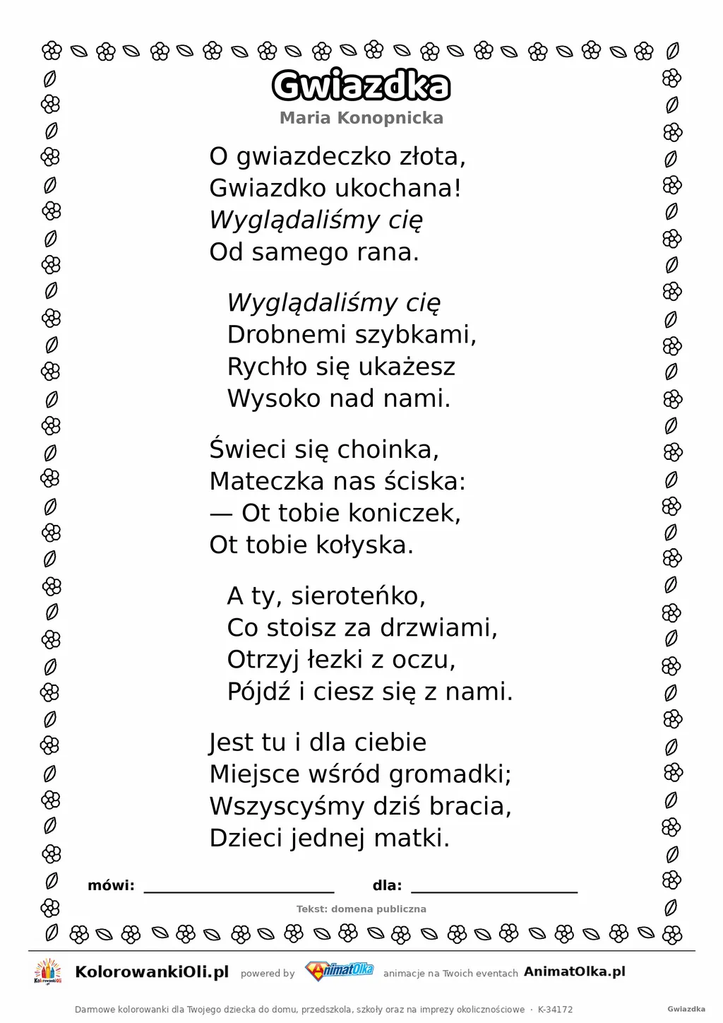 Gwiazdka (Maria Konopnicka) — tekst wiersza do druku A4 z ramką do pokolorowania