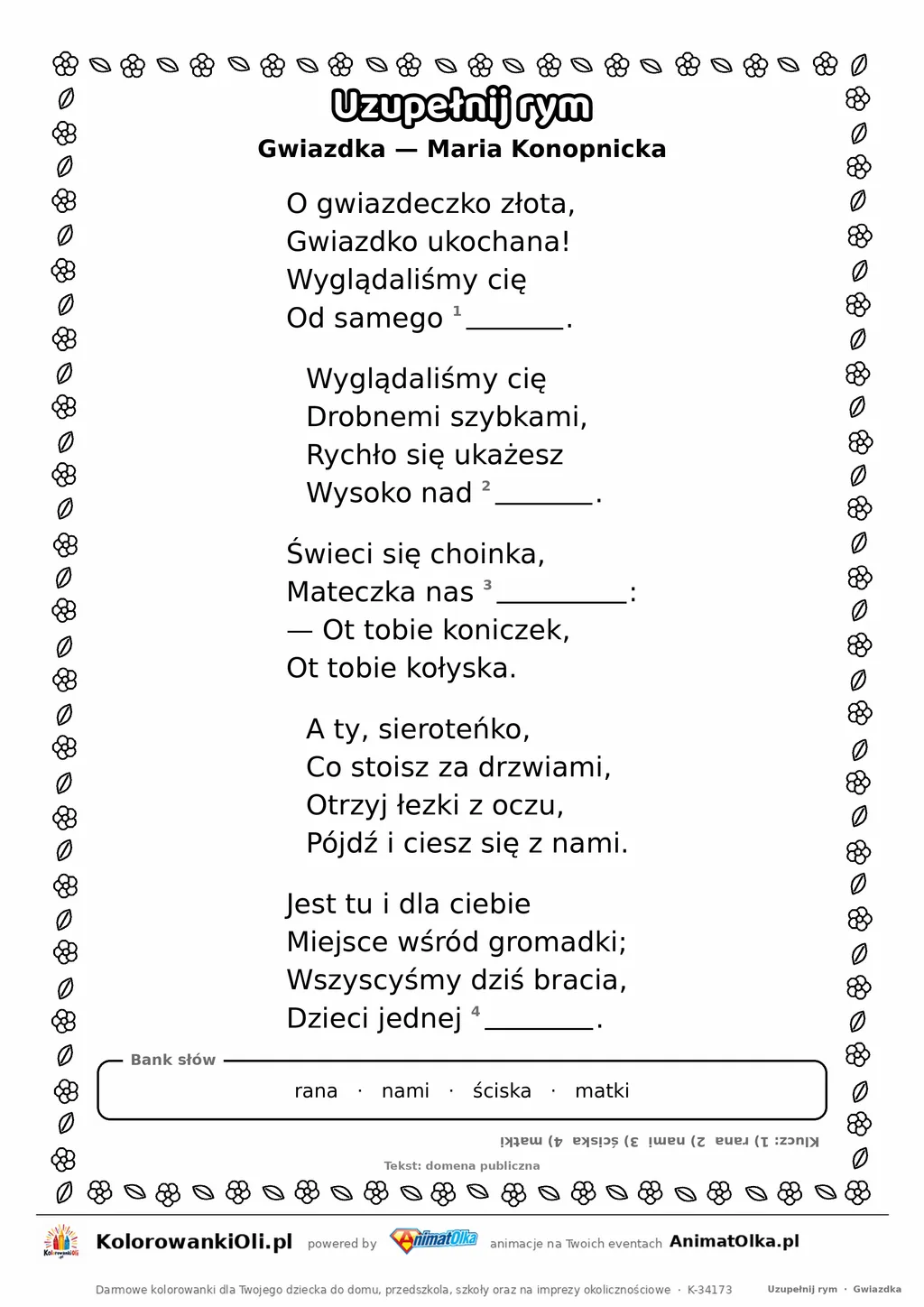 Uzupełnij rym — Gwiazdka (Maria Konopnicka): karta pracy z lukami w rymach, A4