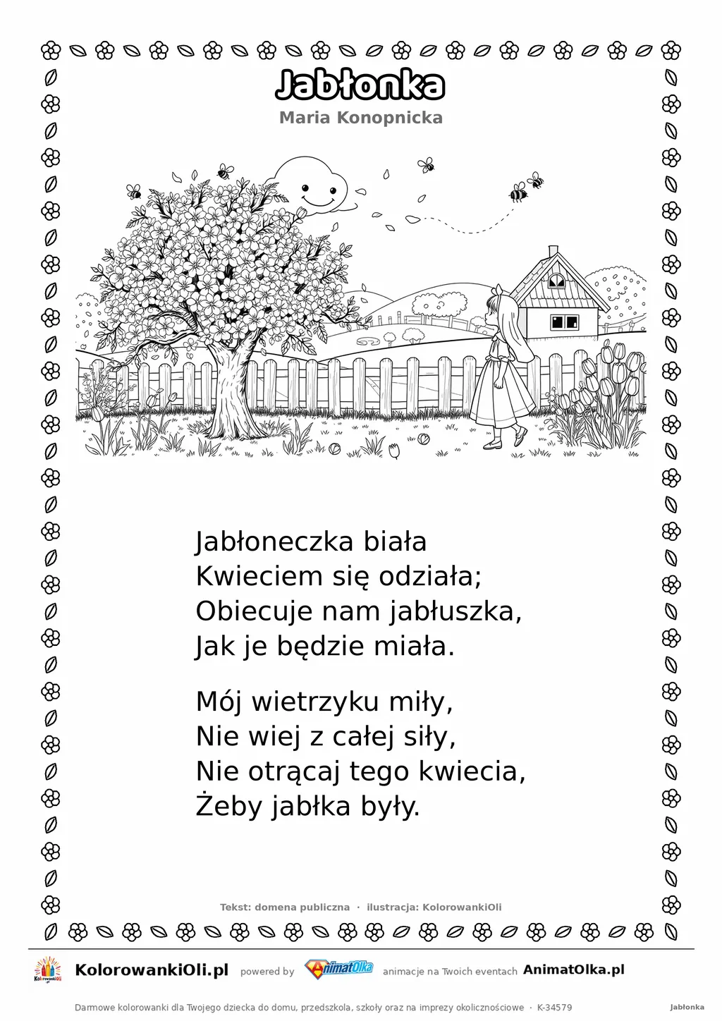 Jabłonka (Maria Konopnicka) — tekst wiersza i ilustracja do kolorowania, karta A4 do druku