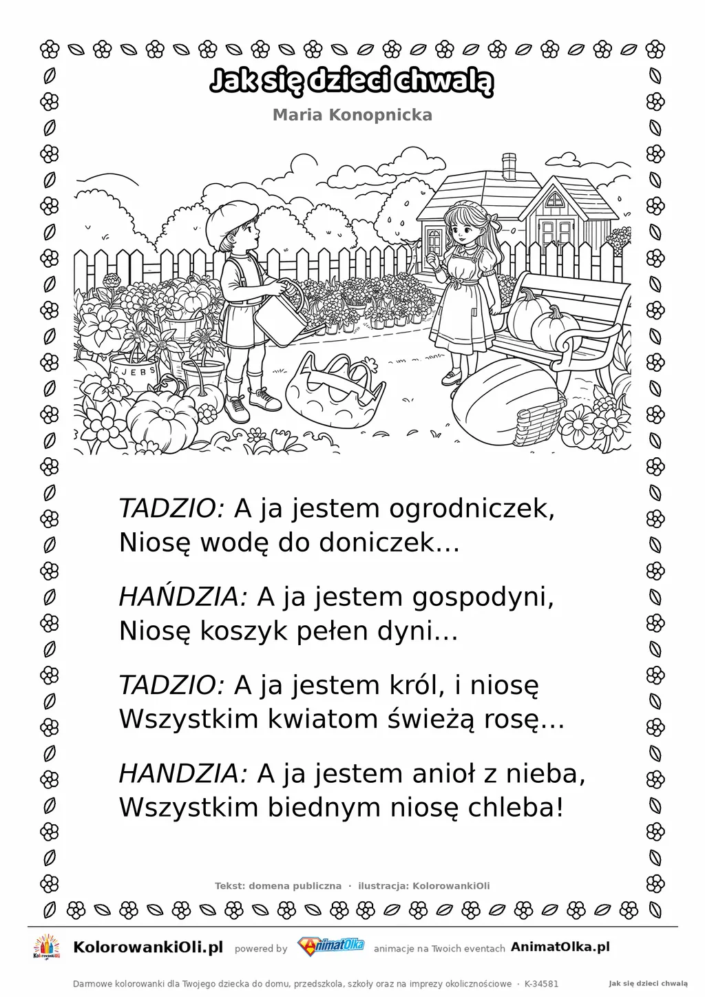Jak się dzieci chwalą (Maria Konopnicka) — tekst wiersza i ilustracja do kolorowania, karta A4 do druku