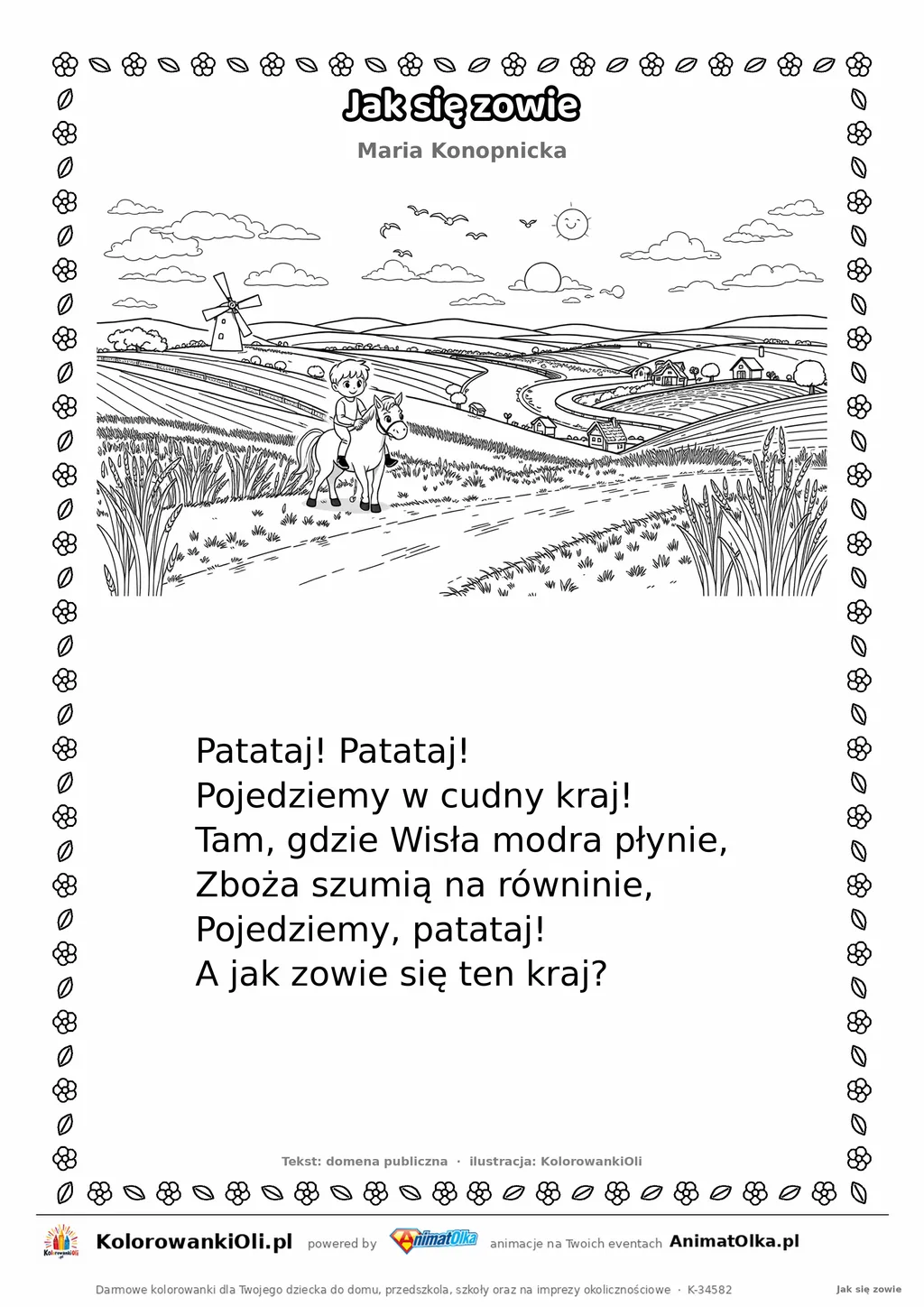 Jak się zowie (Maria Konopnicka) — tekst wiersza i ilustracja do kolorowania, karta A4 do druku