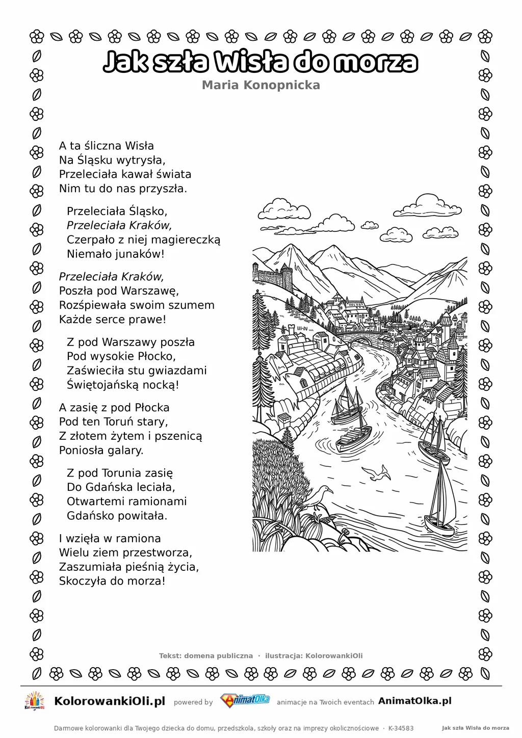 Jak szła Wisła do morza (Maria Konopnicka) — tekst wiersza i ilustracja do kolorowania, karta A4 do druku