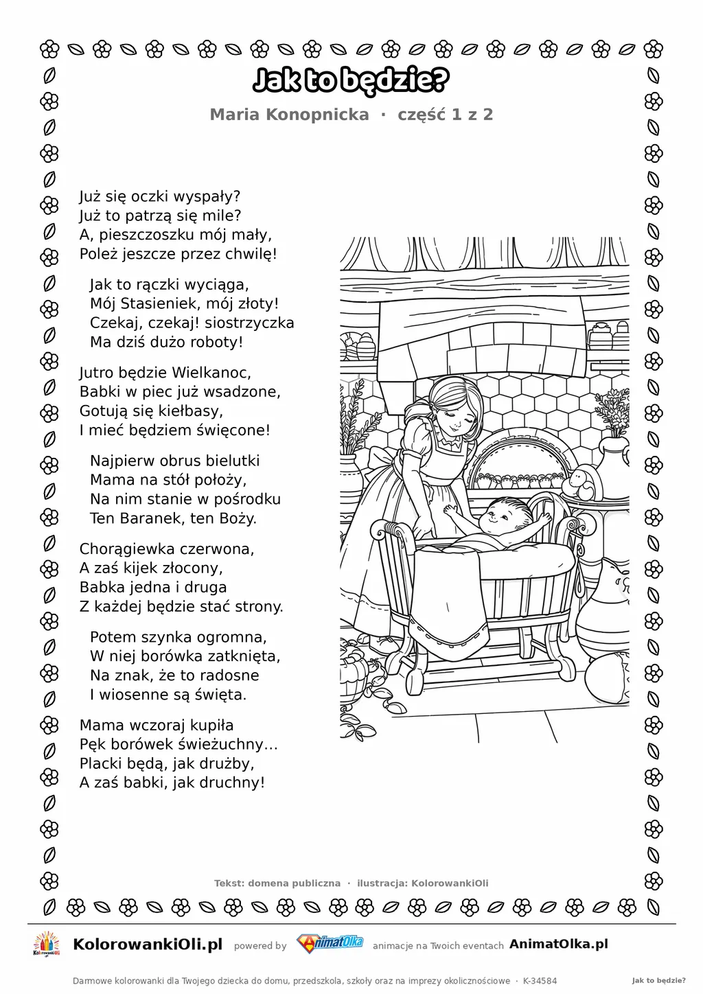 Jak to będzie? (Maria Konopnicka) — tekst wiersza i ilustracja do kolorowania (część 1 z 2), karta A4 do druku