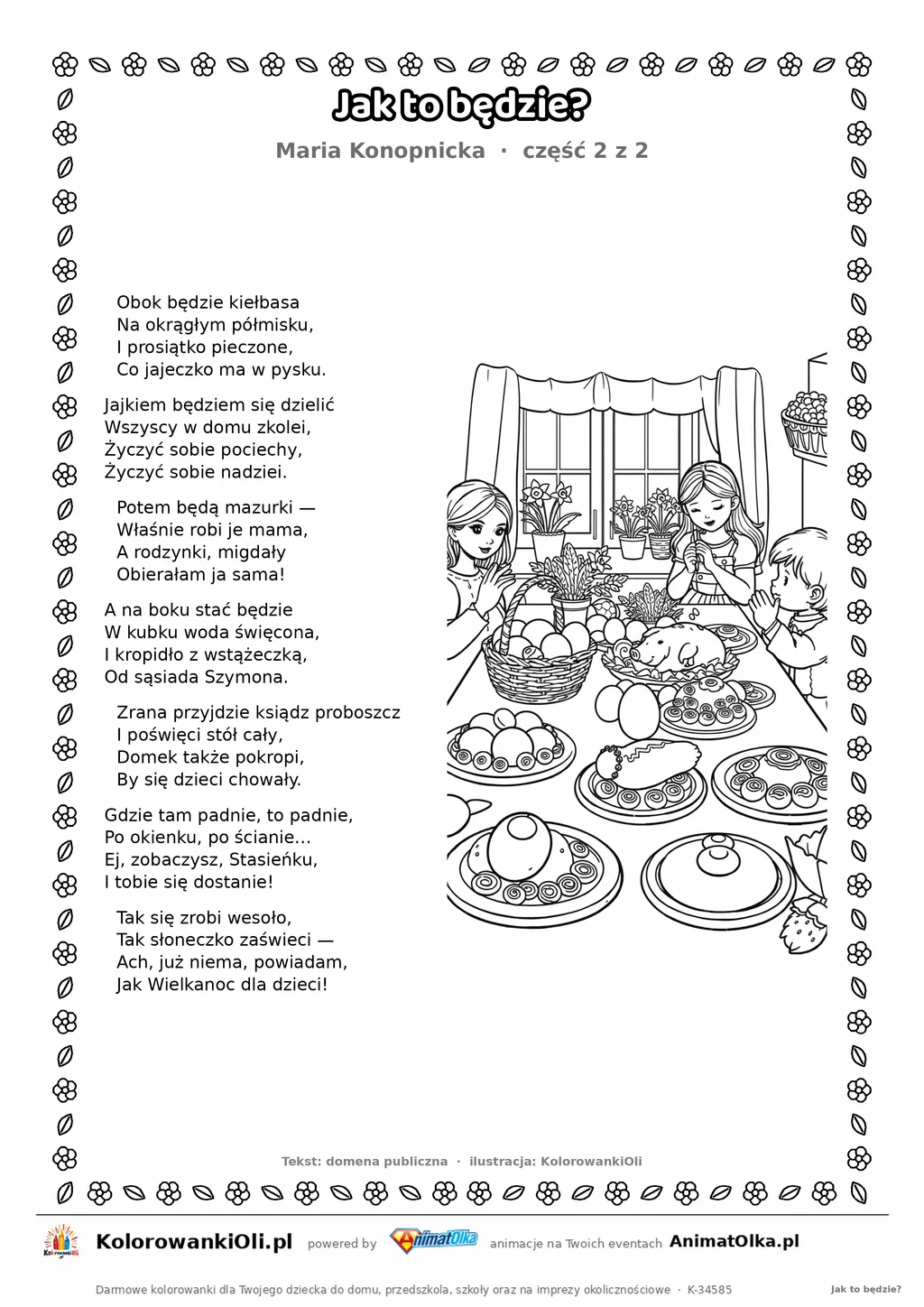 Jak to będzie? (Maria Konopnicka) — tekst wiersza i ilustracja do kolorowania (część 2 z 2), karta A4 do druku